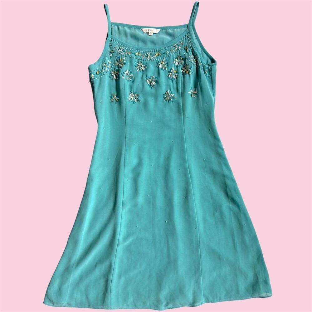 Y2K fairycore beaded teal mini dress, size S
